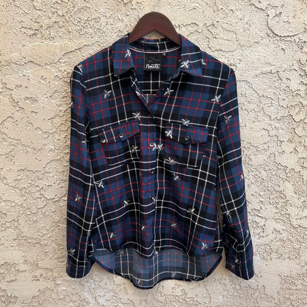 Nanette Lepore Plaid Embroidered Button Up Shirt Womens Medium